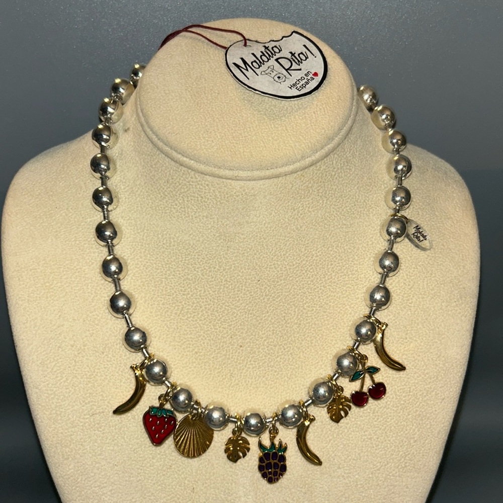 Maldita Rita Fruits Gold Charms 
w Silver tone beads NECKLACE NWT